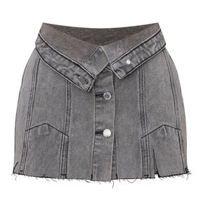 Petite Grey Distressed Button Front Denim Micro Mini Skirt